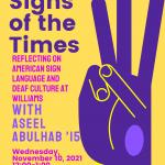 Poster announcing SIGNS OF THE TIMES Hot Topic with Aseel Abulhab
